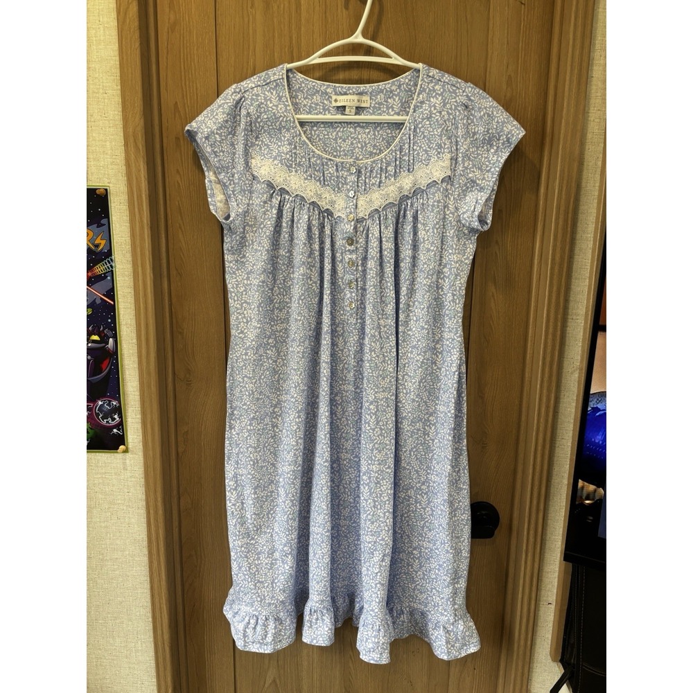 Eileen West Floral Waltz Nightgown Lace Trim Short Sleeve Size S Blue White - Picture 4 of 7